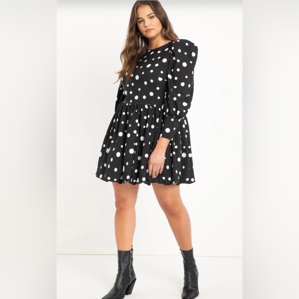 Eloquii black polka dot long sleeved bubble dress.